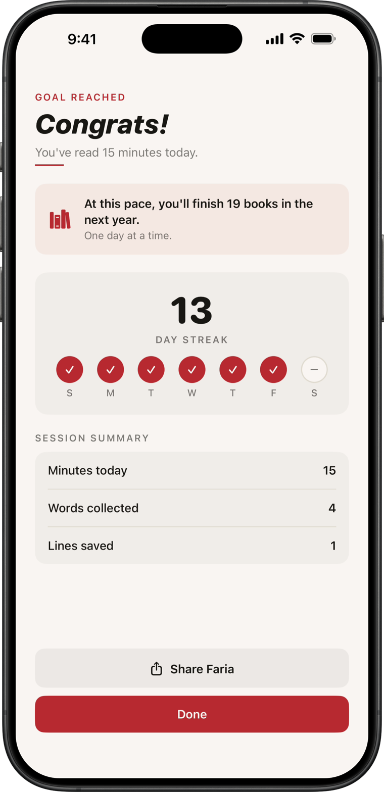 A finished session in Faria showing a thirteen day streak