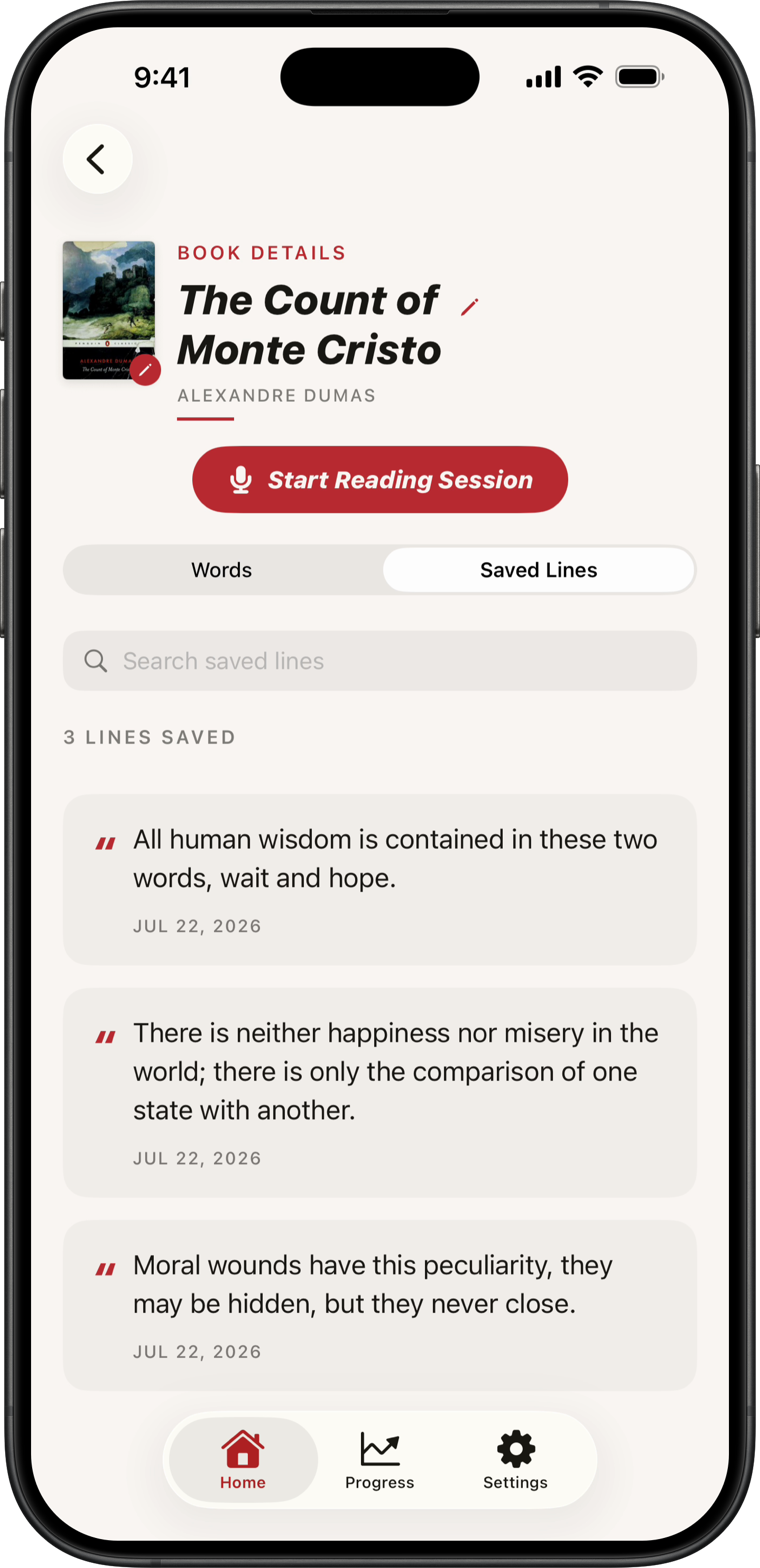 Passages saved by voice, listed under a book in Faria